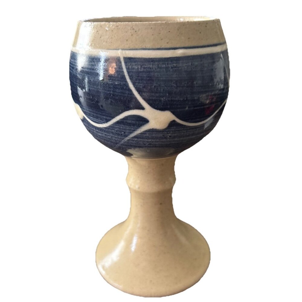 Blue & Beige Hand Thrown Chalice Cup Studio Art Clay Pottery Boho Glaze 7” Tall